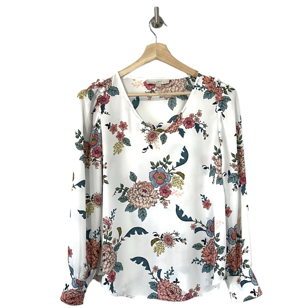 Loft Floral V Neck Ruffle Long Sleeve Polyester Size Small S